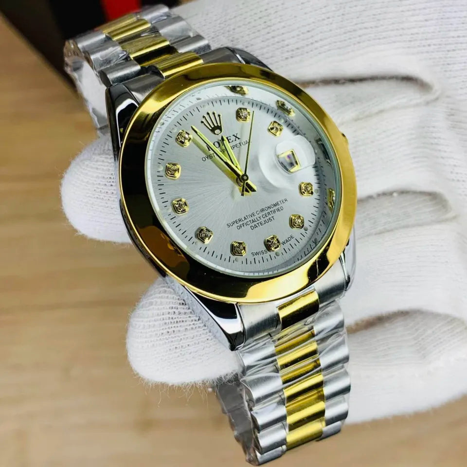 Men's Rolex Oyster  Watch Two-Tone Stainless Steel Strap Silver Dial Crown  Business and Formal  (100% Original)