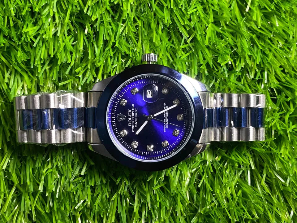 Rolex Style Blue Dial Men’s Watch – Luxury Day Date Stainless Steel Wrist Watch