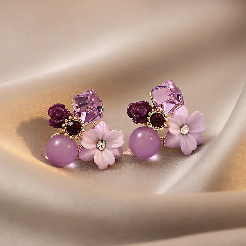 Purple Crystal Flower Women's Earrings Earstuds New Drop Earrings for Girls Gift