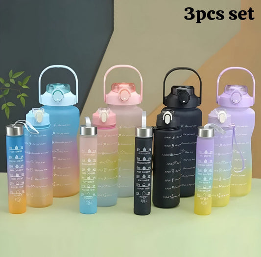 Pack of 3 Gradient Water Bottle Set With Straw & Handle 2000ML/900M/300ML Portable