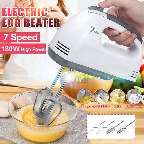 Super Speed Scarlett Hand Mixer - 7 Speed Egg Beater with Chrome Beater + Dough Hook (White)