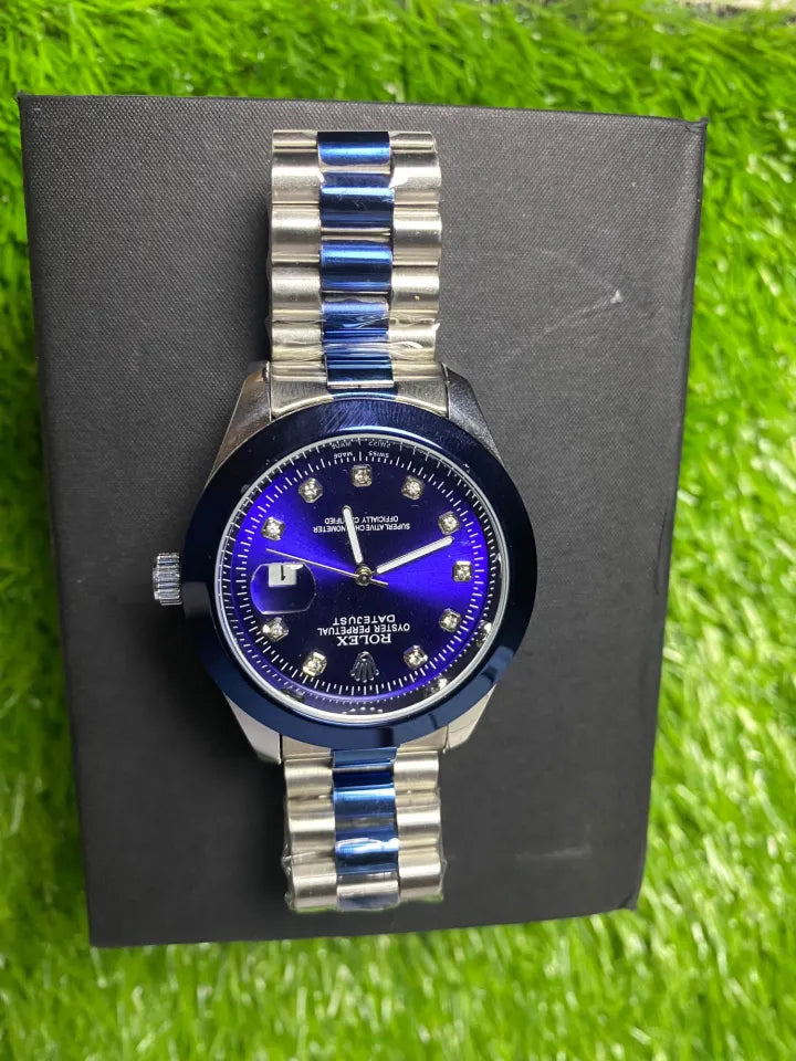 Rolex Style Blue Dial Men’s Watch – Luxury Day Date Stainless Steel Wrist Watch