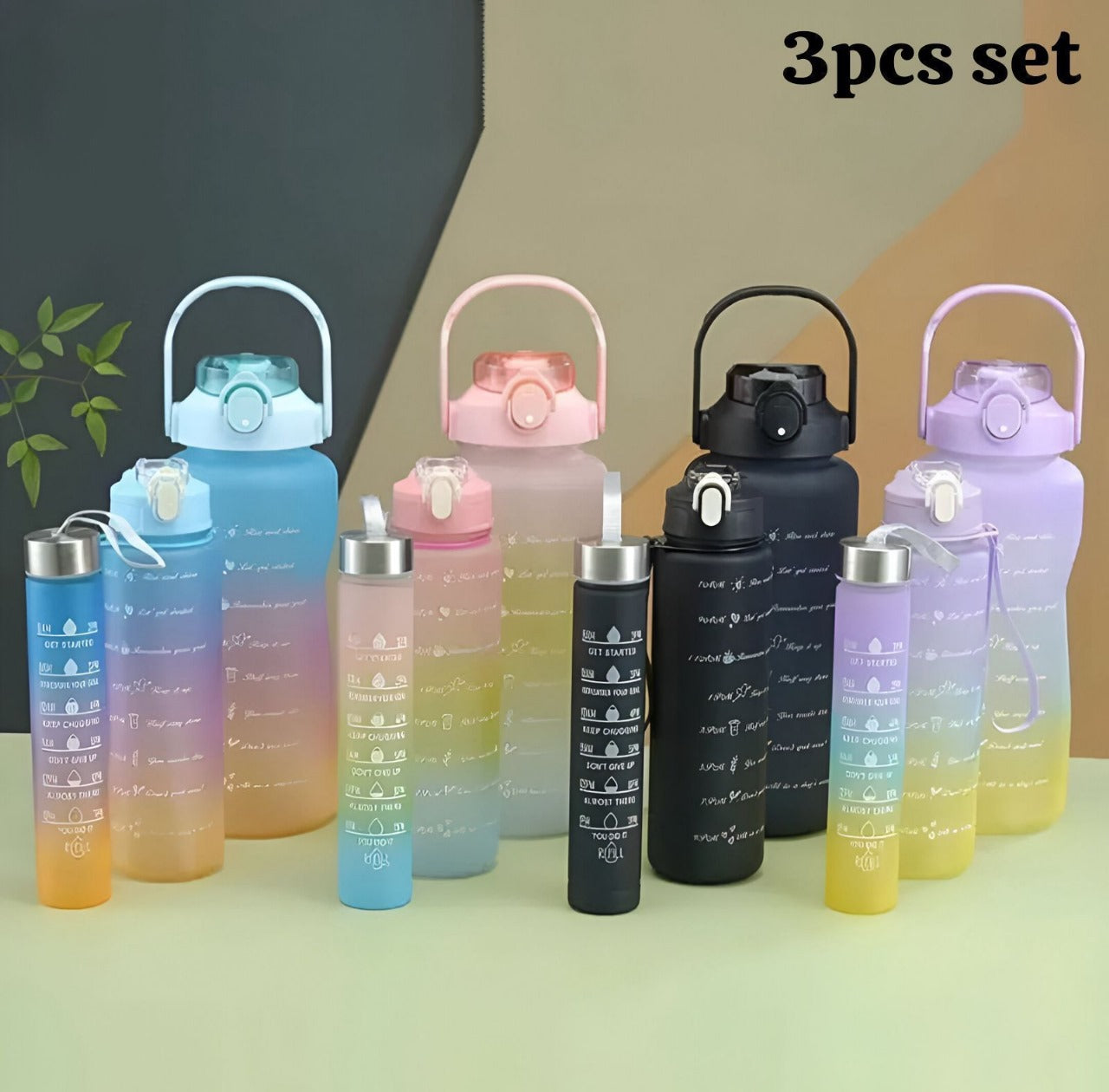 Pack of 3 Gradient Water Bottle Set With Straw & Handle 2000ML/900M/300ML Portable